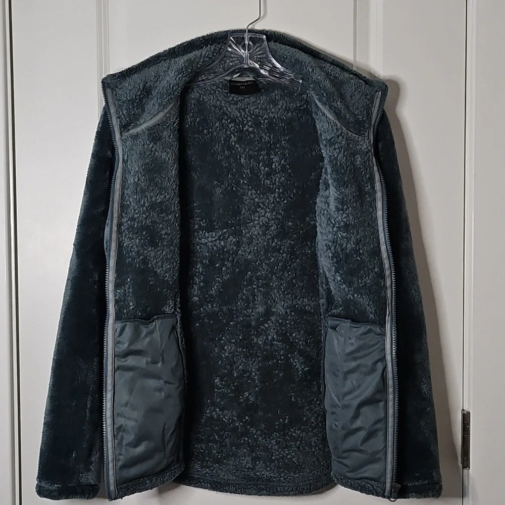 32 Degrees Heat Plush Faux Fur Zip Jacket Cozy Hunter Green XS Soft Stand Collar